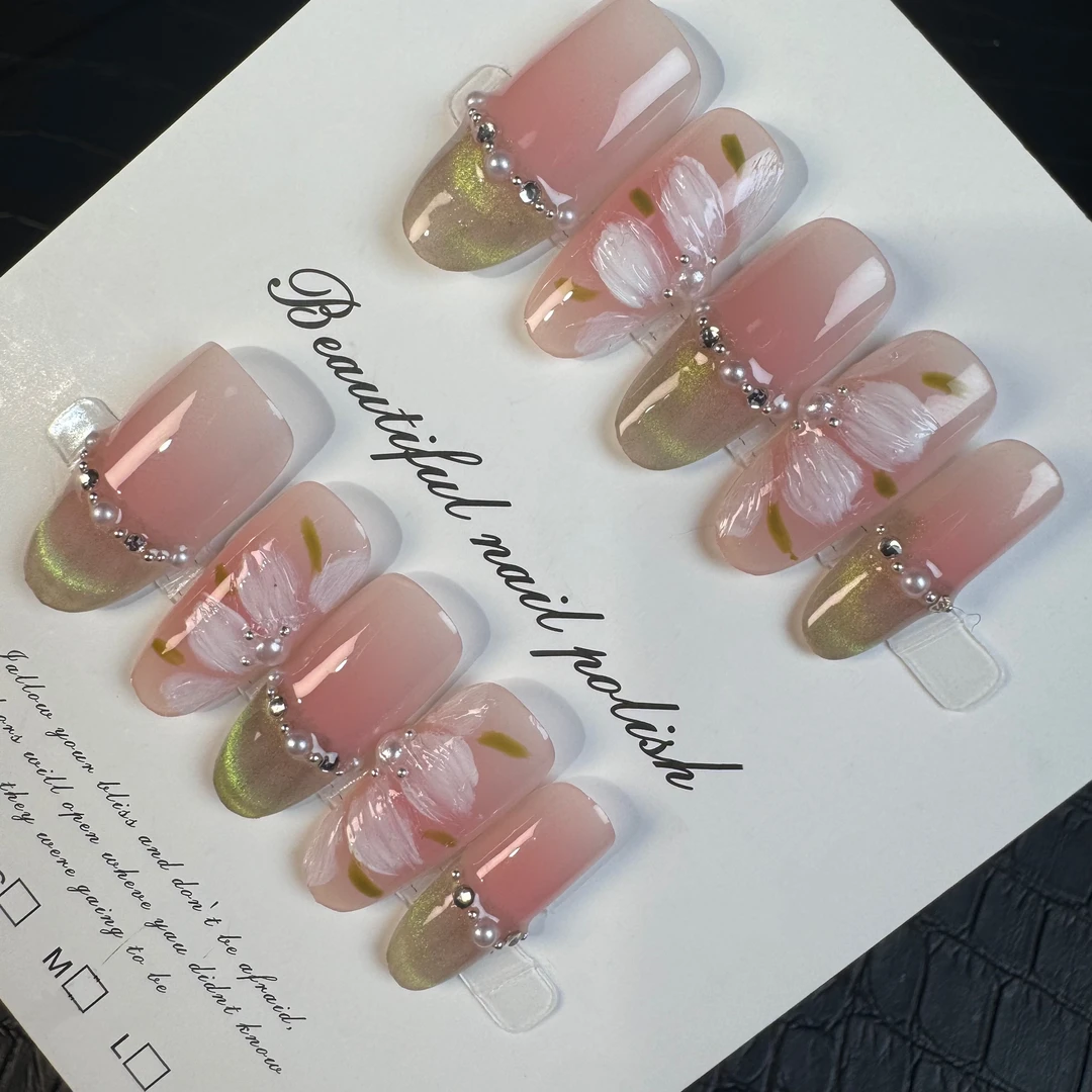 【一鹿家】绿野仙踪手工穿戴甲裸色腮红手绘法式猫眼显白-中椭圆款