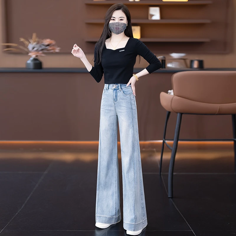 浅蓝色直筒牛仔裤女2025年春秋新款薄款高腰宽松垂感阔腿裤拖地裤