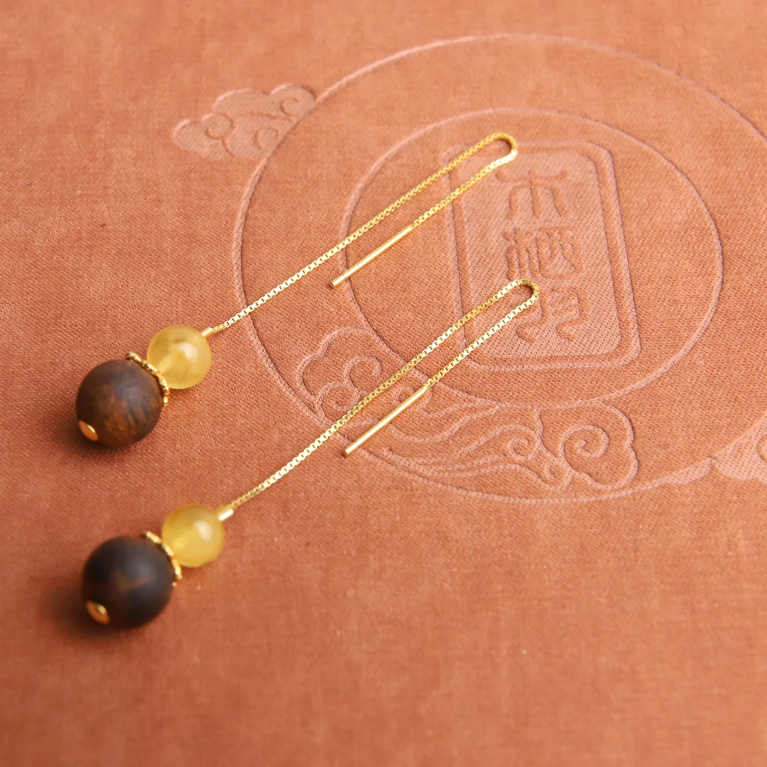 沉香【金盏儿】沉香蜜蜡时尚新国风耳线