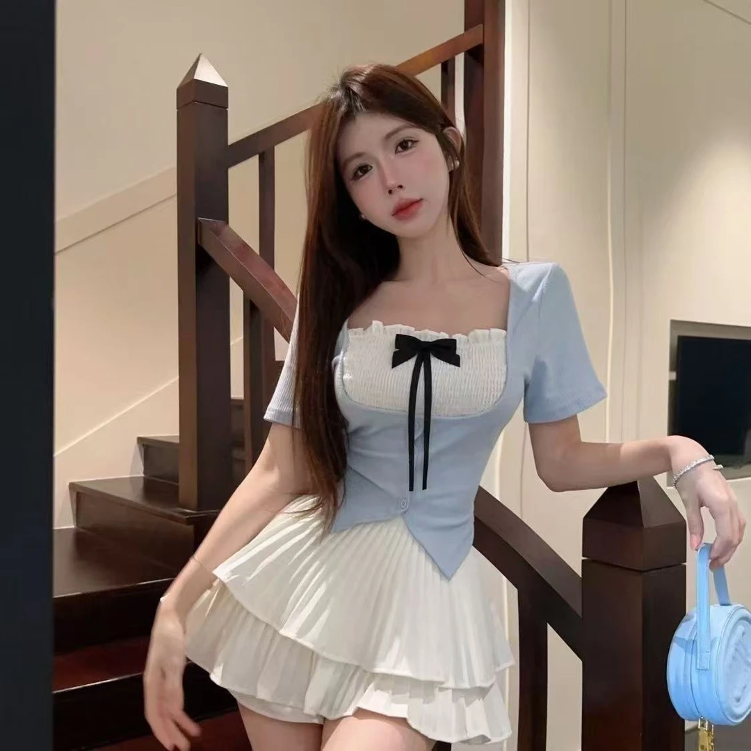 2025夏气质套装法式两件套新款女潮甜辣妹收腰短款修身百褶裙裙子