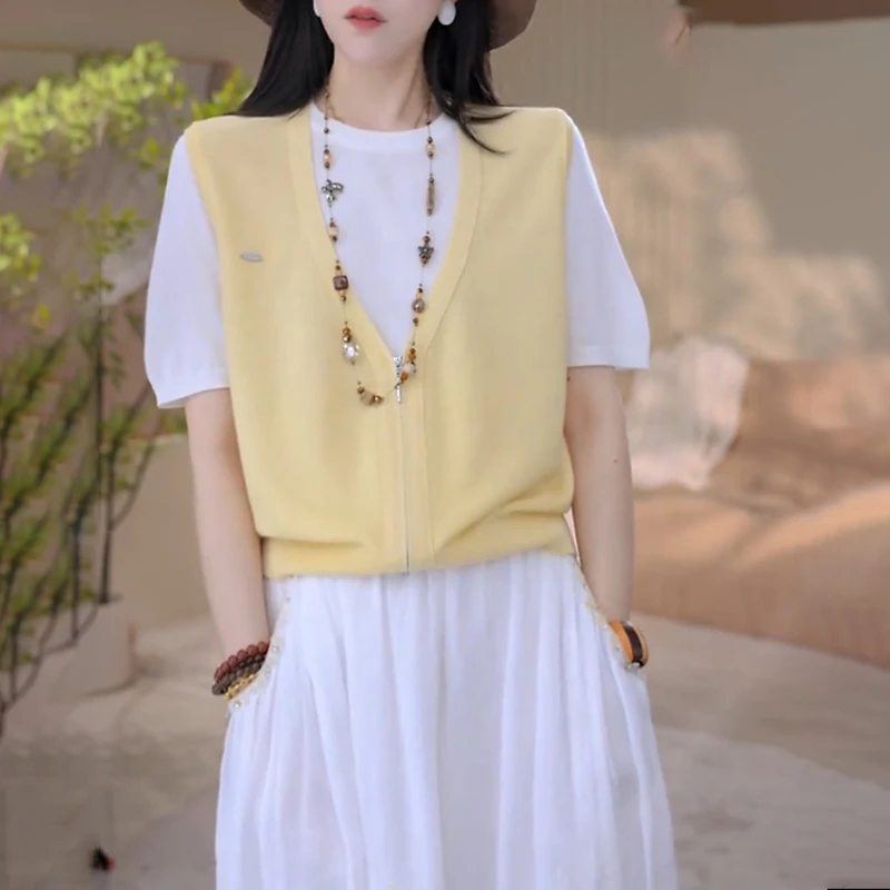 韩系chic别致显瘦针织t恤女2025夏季新款宽松假两件正肩上衣-7280