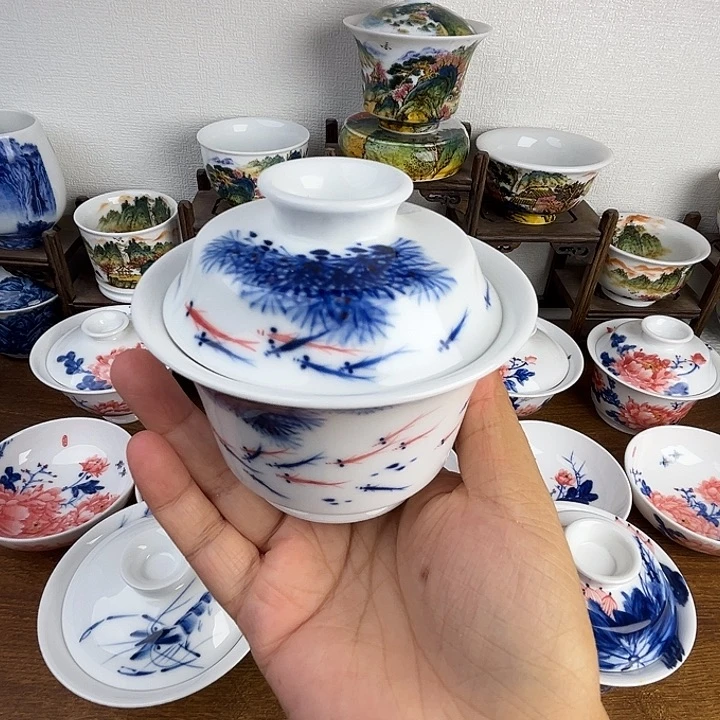 忠意堂釉下彩连年有余盖碗