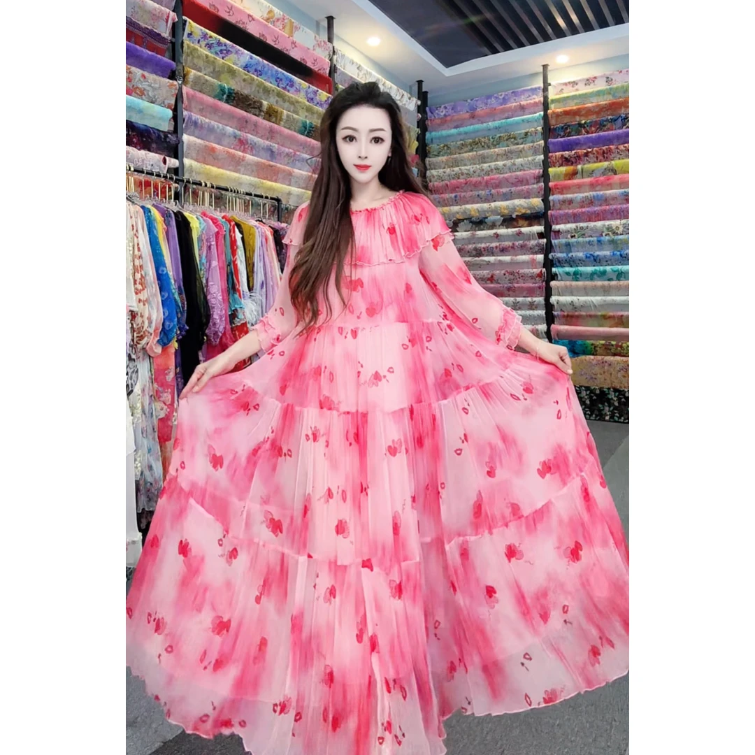 春夏爆款粉色真丝连衣裙收腰气质贵气桑蚕丝宽松连衣裙真丝连衣裙