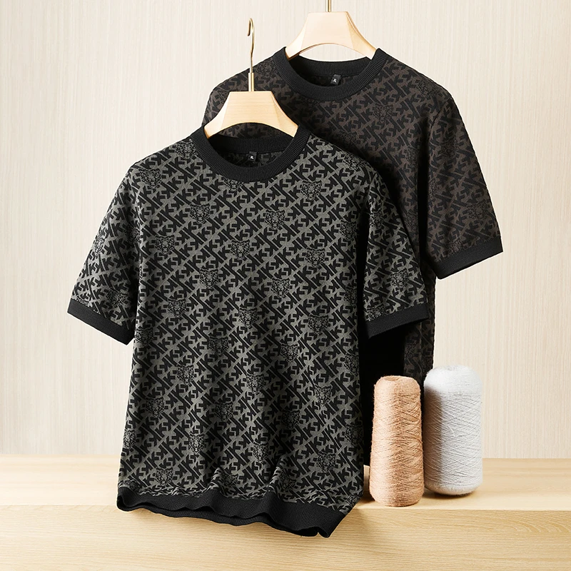 胖子大码男装男士秋季老花polo衫胖子针织半袖百搭圆领短袖毛衣