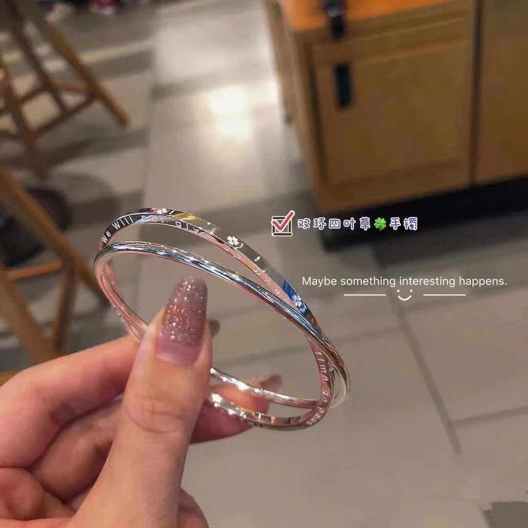 足银手镯 足银999双环四叶草手镯女光面实心闭口叠戴银镯子