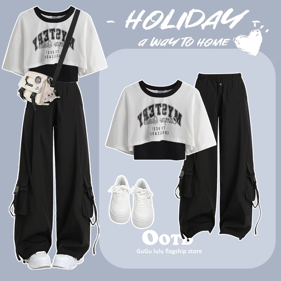 慵懒风少女套装2025夏季休闲中大童运动时尚高腰工装裤中学生潮牌