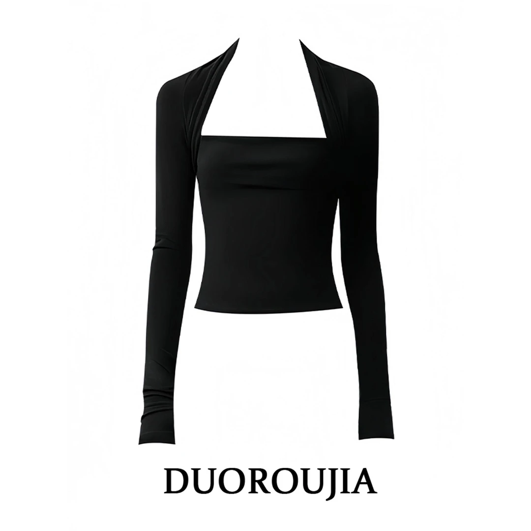 DUOR大码欲风黑色方领长袖T恤女早秋季微胖MM收腰显瘦内搭上衣