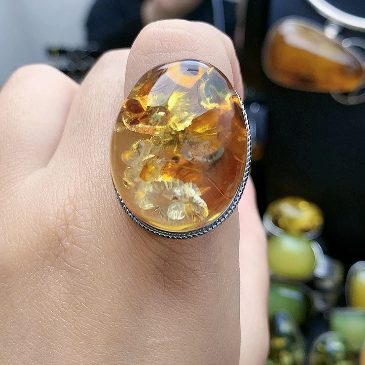 琥珀裸石银S925镶嵌戒指