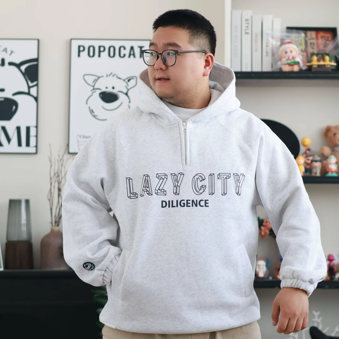 【加绒卫衣】印花字体设计半开衫连帽复合卫衣美式长袖宽松潮流春秋