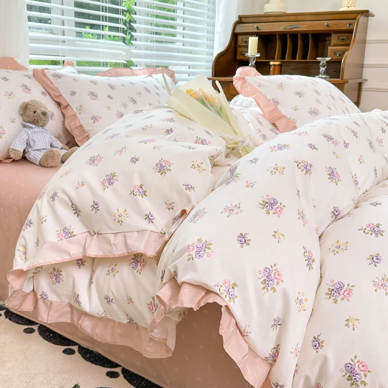 韩版少女心印花全棉四件套甜美风亲肤被套罩学生宿舍软床单三件套