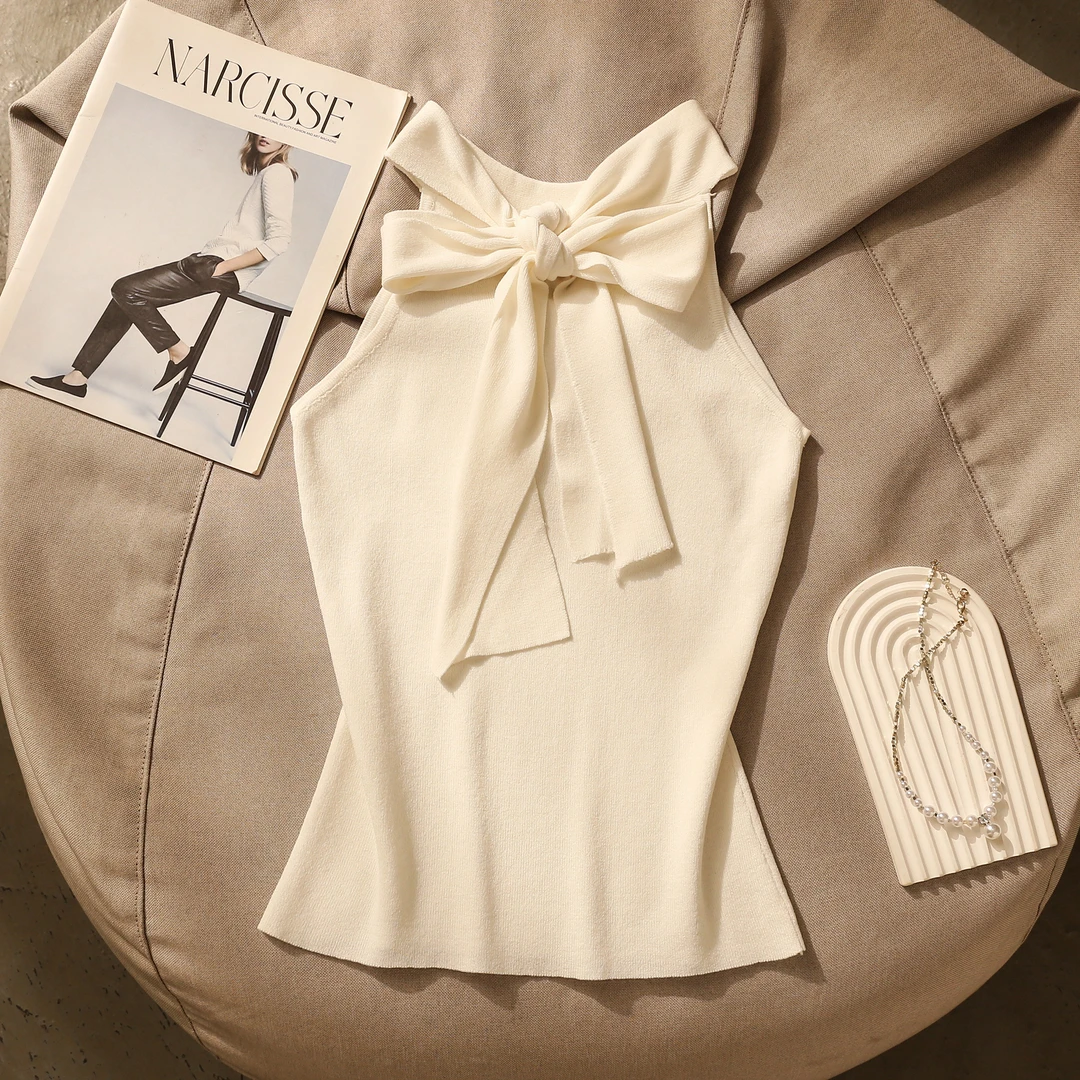 白色蝴蝶结挂脖吊带小背心女夏外穿辣妹纯欲修身显瘦露肩无袖上衣