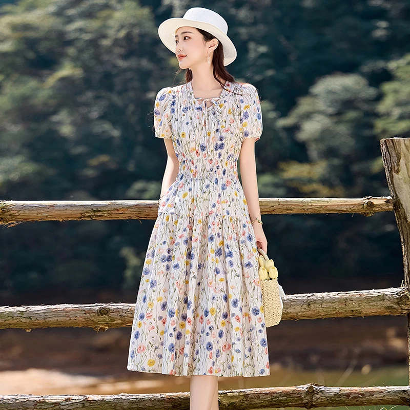 高端设计感棉麻风碎花连衣裙女2025新款夏季休闲小个子显瘦裙薄款