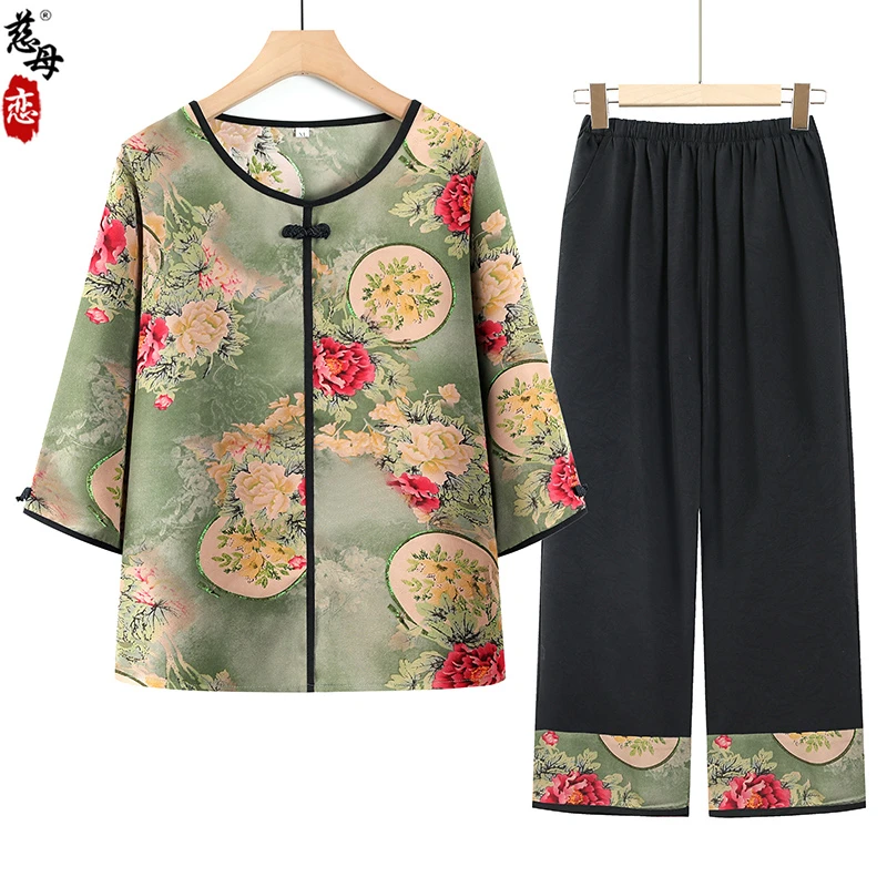 奶奶夏装两件套中老年人妈妈夏季宽松中袖七分袖套装太太大码衣服