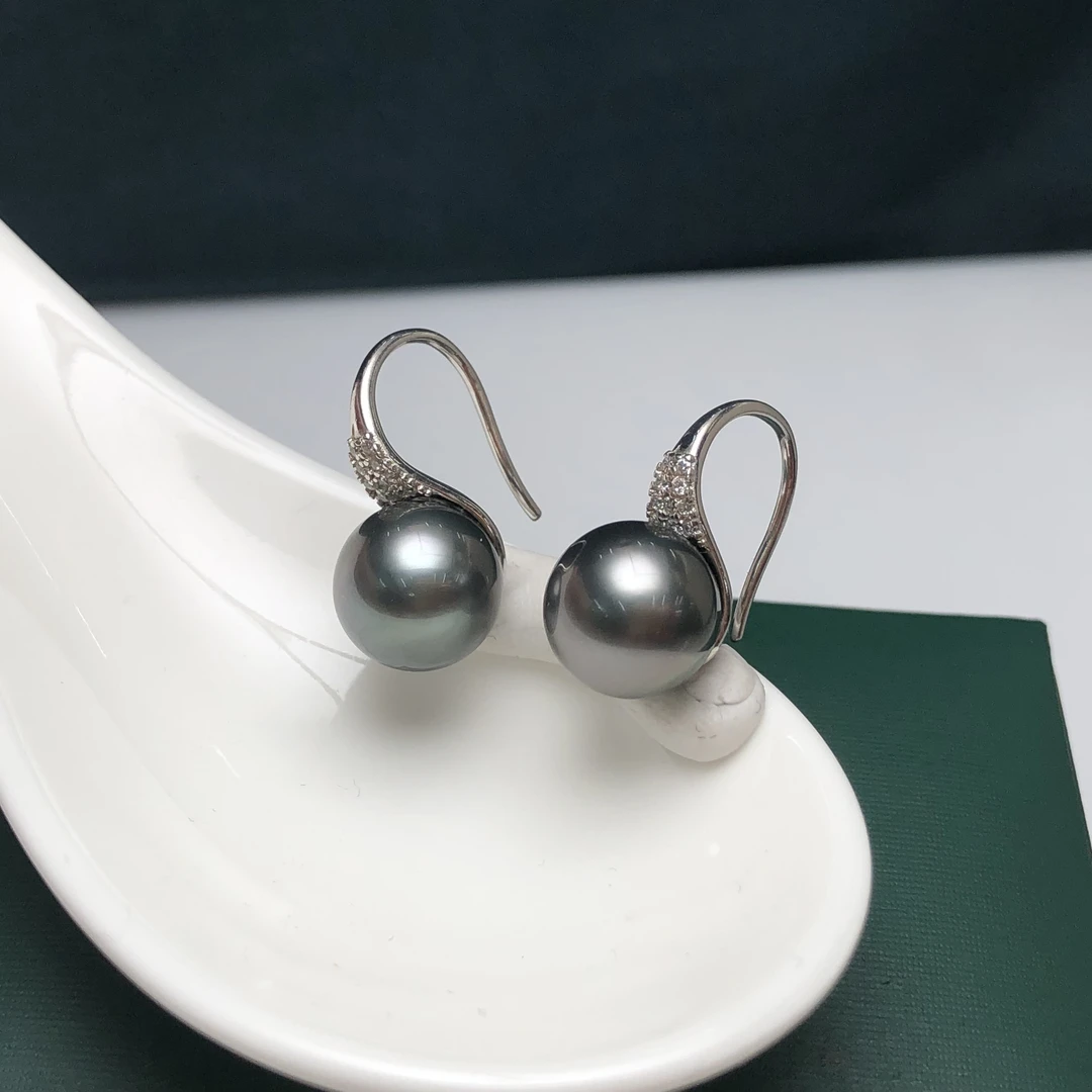 海水大溪地铂金灰银耳坠10-11mm气质时尚高跟鞋耳勾简单