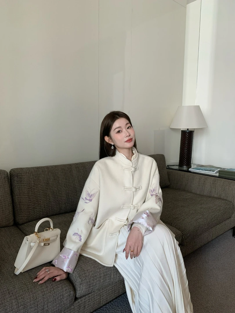 EIA一尧新中式国风【长亭雪】兔毛绵羊毛双面呢外套刺绣轻奢老钱风