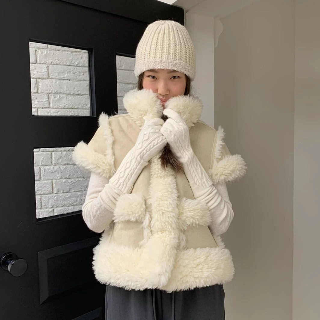 QYao Girls韩版毛绒毛毛拼接冬季保暖加厚坎肩羊羔毛马甲外套女