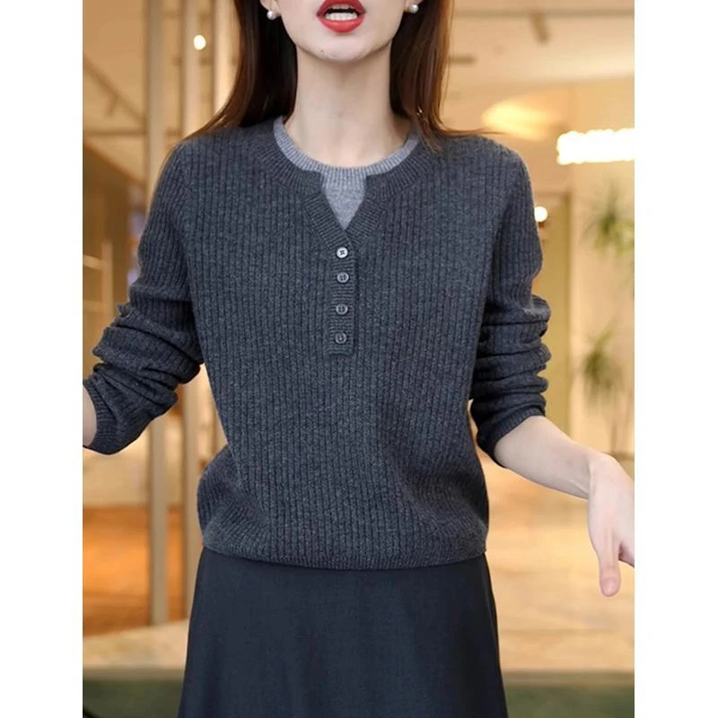 春秋减龄新款圆领假两件针织衫女修身显瘦羊毛打底衫内搭洋气上衣