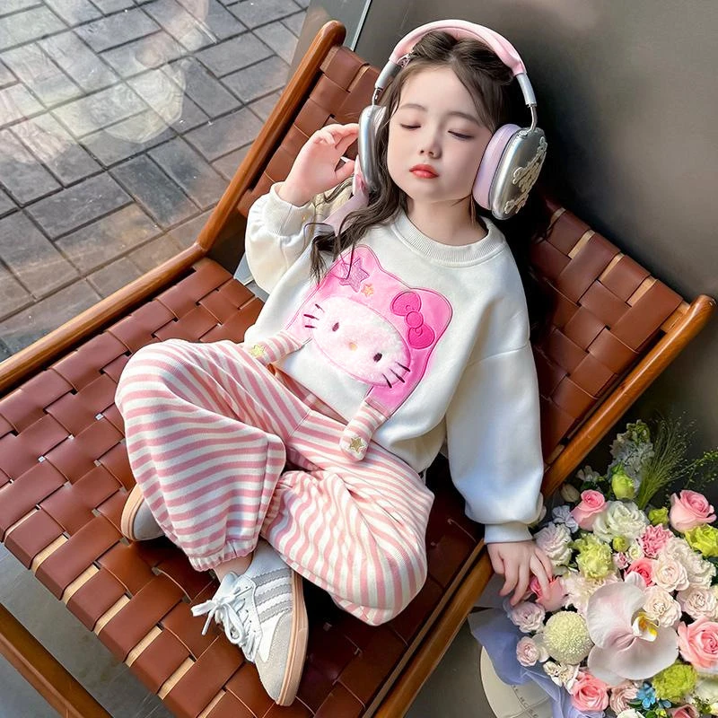 儿童卫衣套装春秋装新款女童甜美卡通卫衣条纹卫裤两件套女宝童装