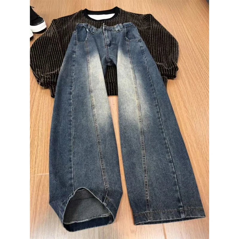 美式复古蓝斜切弯刀牛仔裤男款秋冬加绒高级感直筒工装宽松阔腿裤