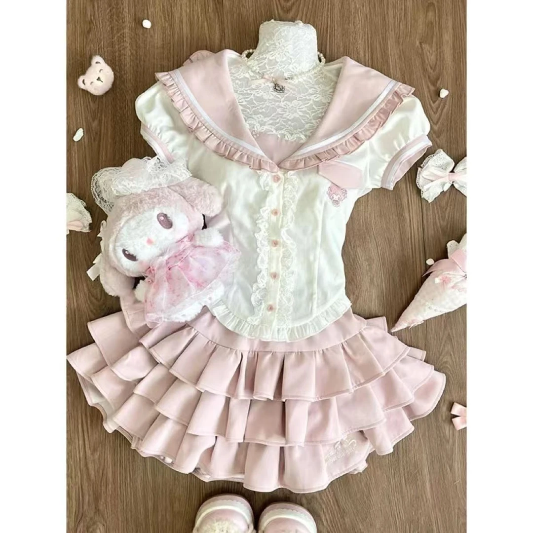 甜美少女感减龄套装女夏季荷叶边蕾丝拼接上衣显瘦蛋糕短裙两件套