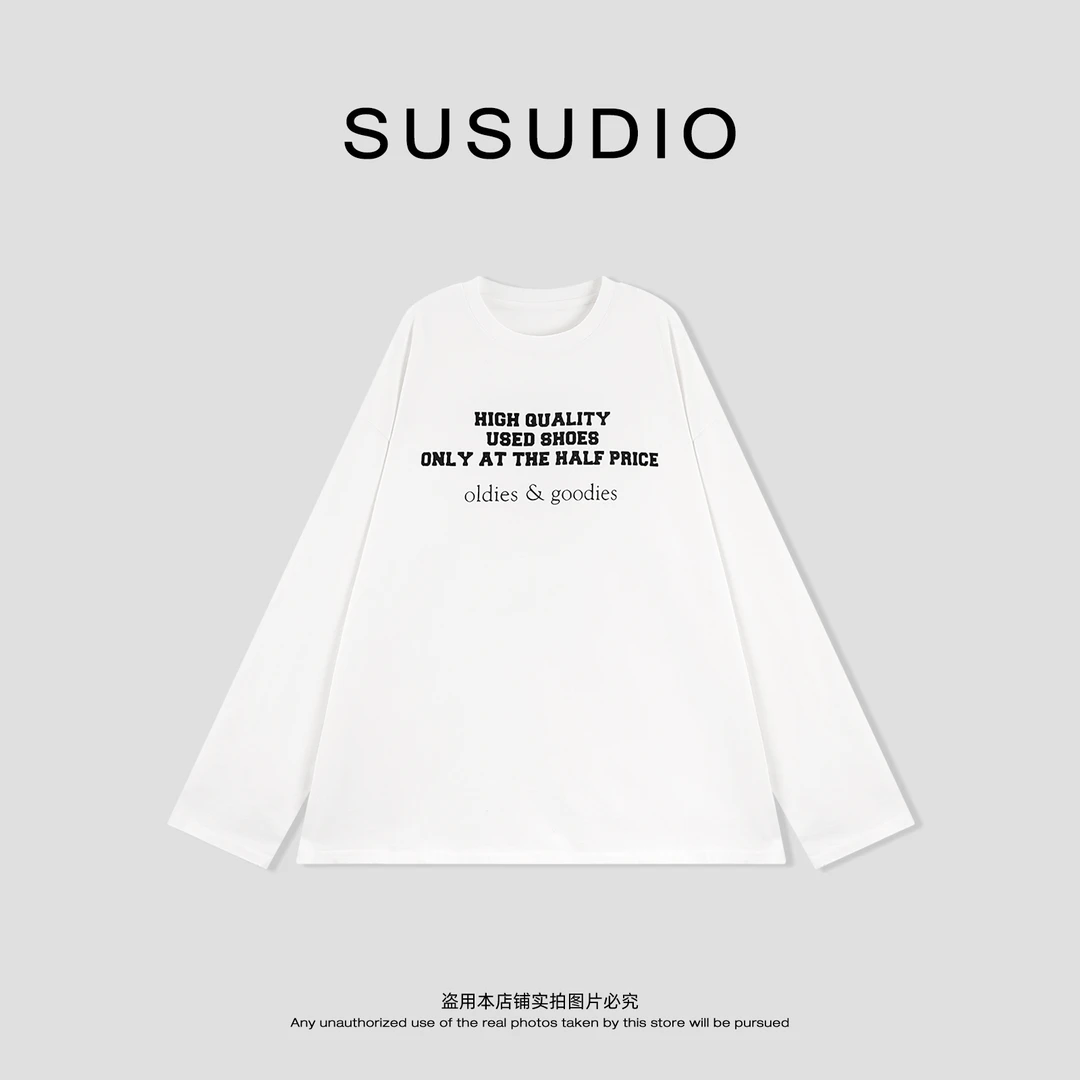 SUSUDIO 100棉 极简质感透气大版字母印花长袖T恤 A1060