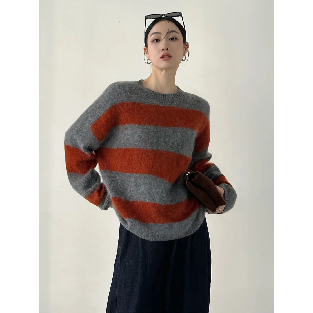 韩系氛围感撞色条纹圆领毛衣女秋冬宽松慵懒风针织衫洋气别致上衣
