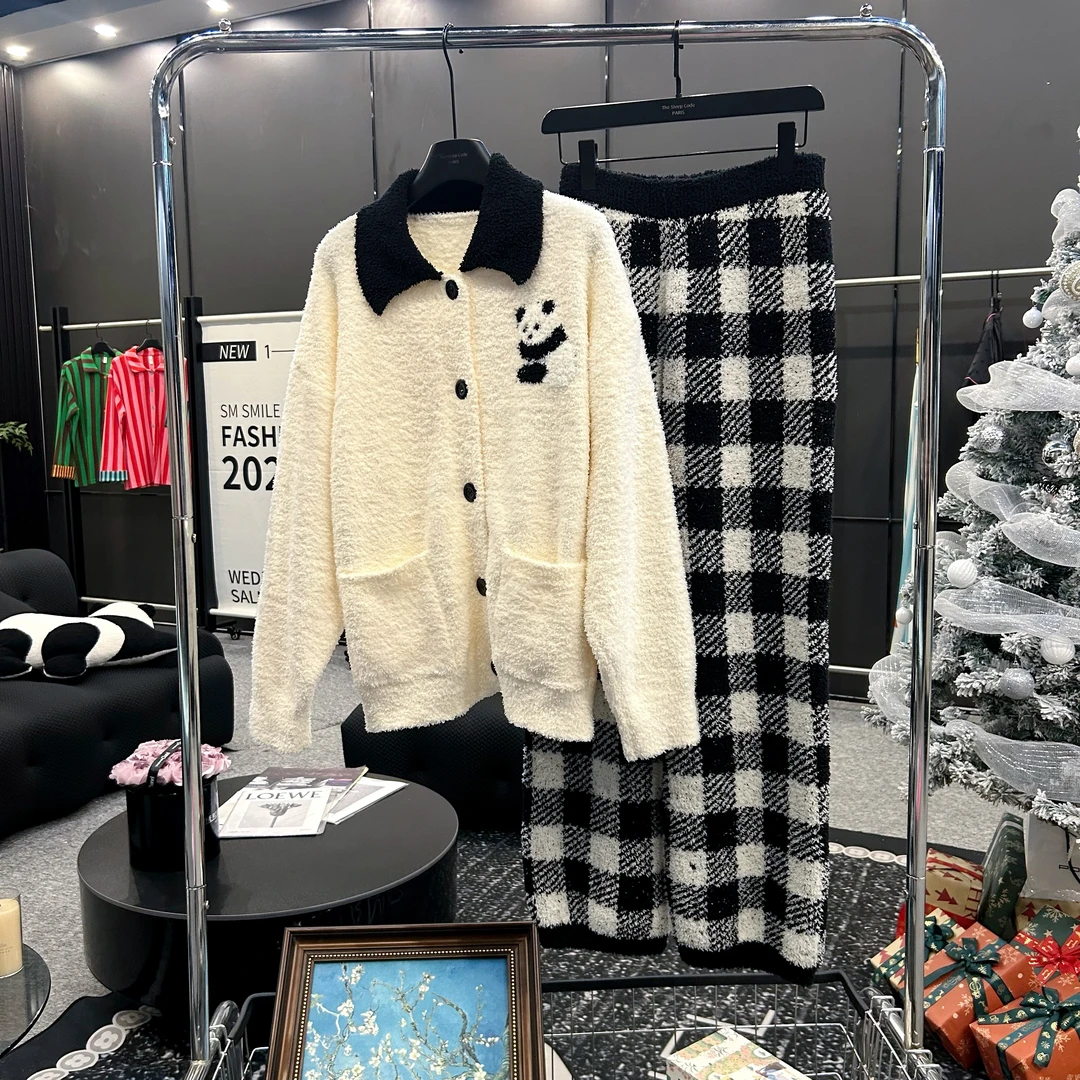 Zai Living/也宅【黑白熊猫】 针织高密半边绒冬季新款家居服套装