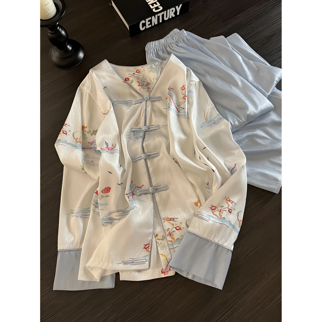 国风温婉清冷高级水墨画盘扣睡衣女春秋新款长袖长裤居家套装外穿