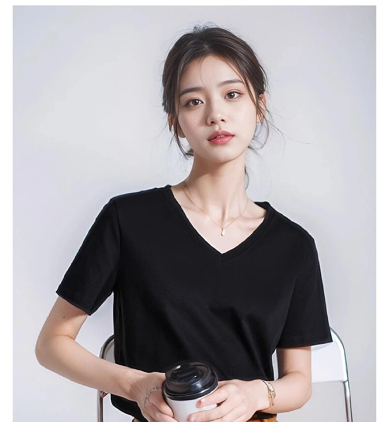 丝光棉正肩v领短袖女t恤夏2025新款爆款夏装减龄时尚洋气宽松上衣