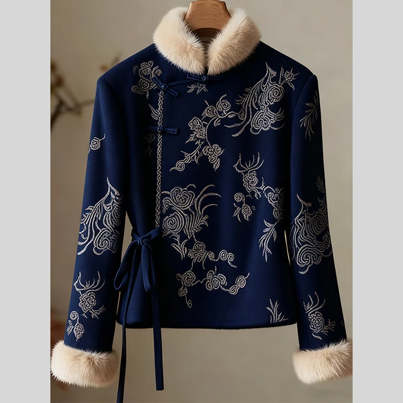 2025新款爆款加厚新中式国风刺绣外套女毛领盘扣系带复古上衣