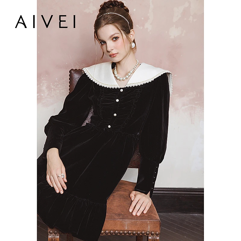AIVEI欣贺艾薇冬季新小个子甜美浪漫千金风丝绒连衣裙R764802A