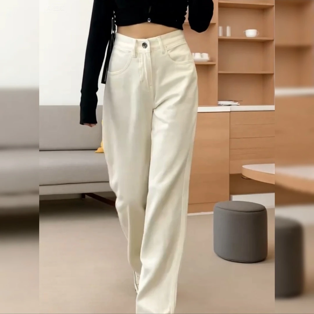 白色高腰直筒牛仔裤女春秋季新款休闲裤显瘦显高窄版阔腿拖地裤