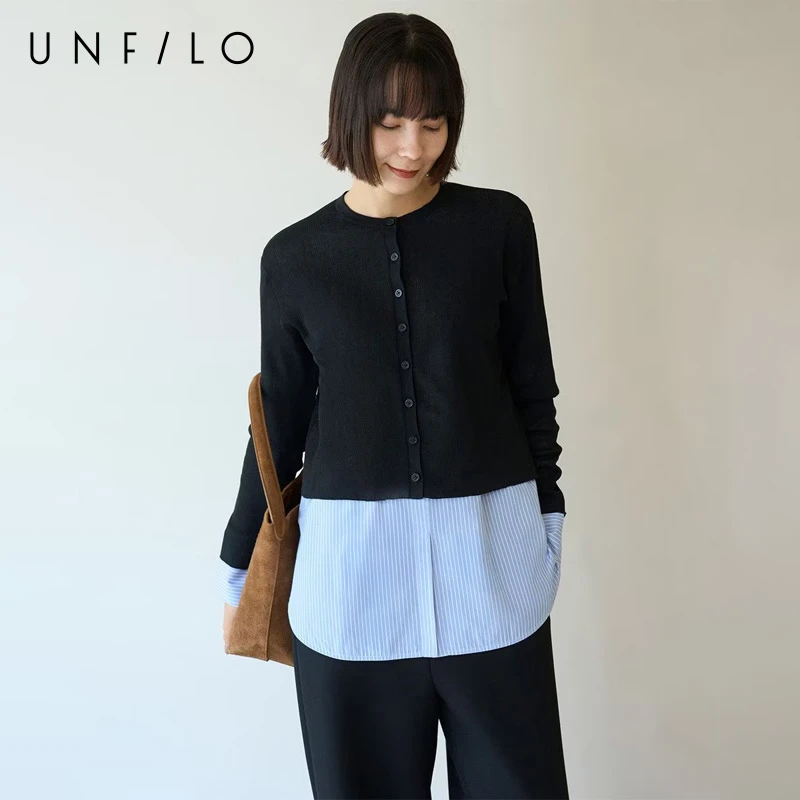 【UNFILO】可水洗短外套常规款单排扣开衫秋季针织黑色短款女装