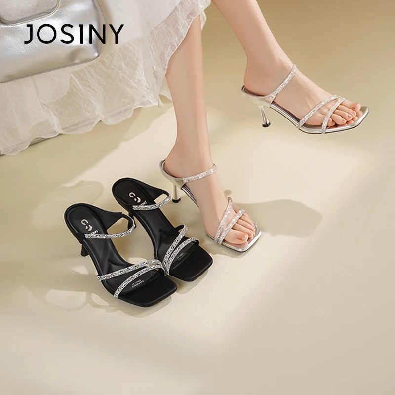 卓诗尼水钻粗跟凉鞋2025年夏季凉拖鞋露趾细高跟鞋时装百搭一字拖