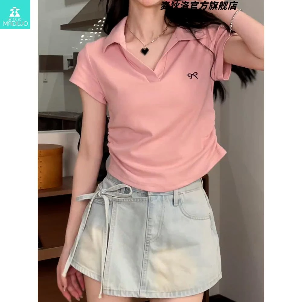大码设计感粉色显白polo领正肩短袖t恤女夏季胖mm修身显瘦小上衣
