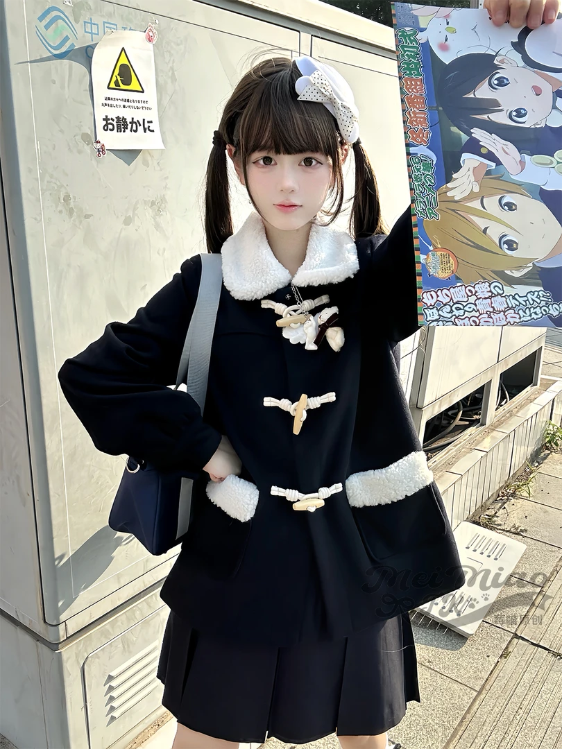 【北海绒雪】莓喵jk制服牛角扣羊毛大衣学院风夹棉毛呢短款外套绀