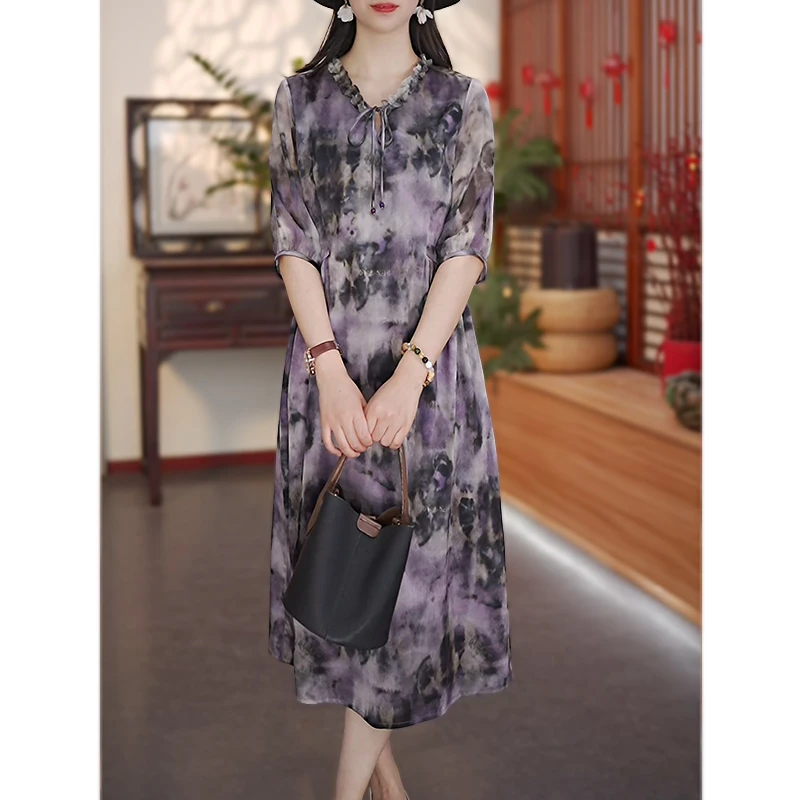 【金章紫绶】25新款真丝桑蚕丝连衣裙夏季端庄大气宽松裙12529
