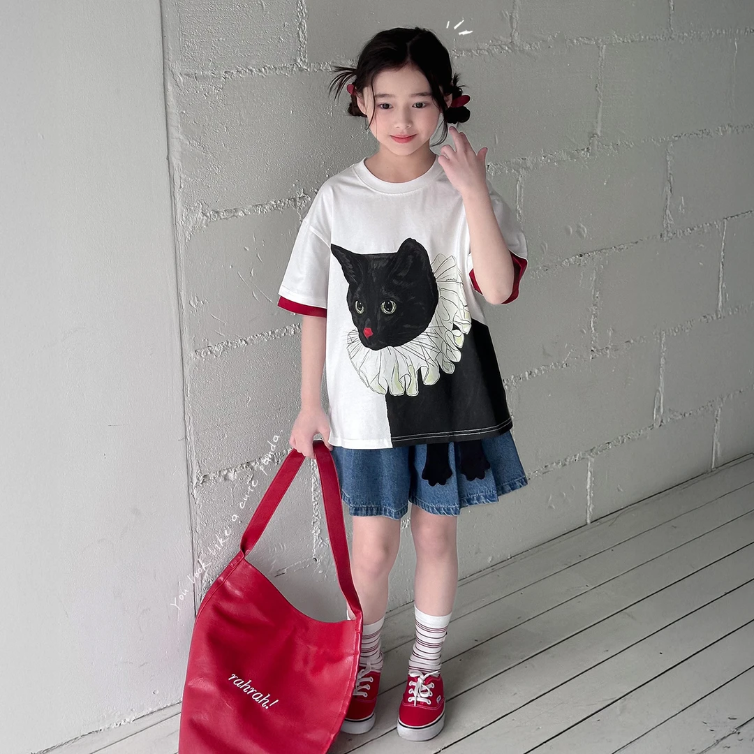 【猫猫出没】蓝小爸童装女童设计感短袖夏季儿童时尚宽松上衣