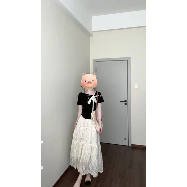 韩系设计感小众黑色蝴蝶结短袖T恤女夏新款修身显瘦上衣长裙套装