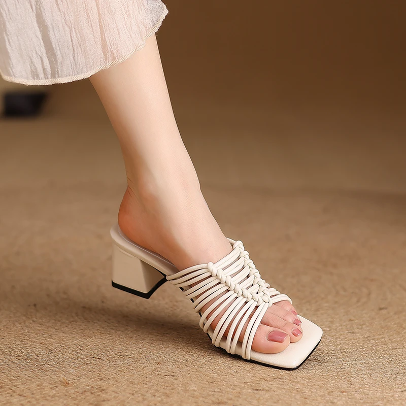 5cm~编织度假风粗跟一字拖夏季新款外穿凉拖鞋细带镂空简约女鞋子