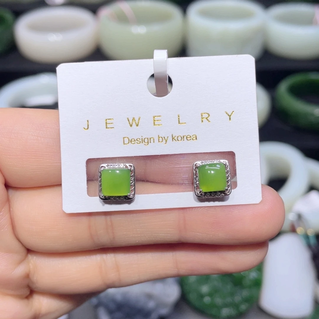 和田玉银S925镶嵌耳饰