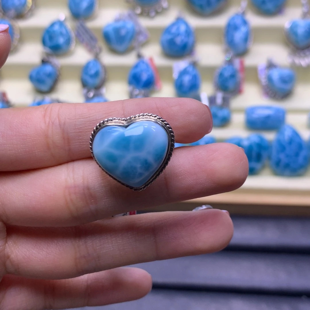 针钠钙石（海纹石）银S925镶嵌戒指爱心戒指色差略异
