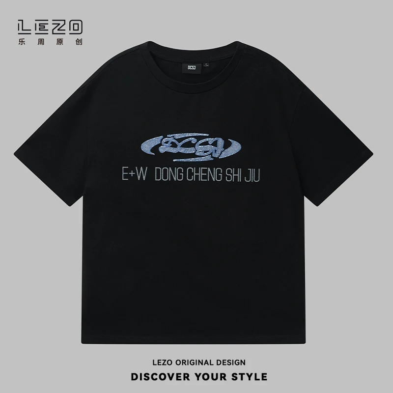 LEZO乐周原创 夏季宽松字母设计短袖微落肩版 925201430白色黑色