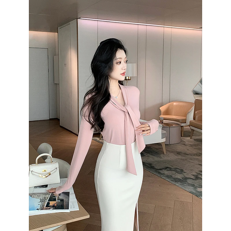 林关关【柏林恋歌】粉色气质长袖T恤修身显瘦纯欲风高级感内搭上衣