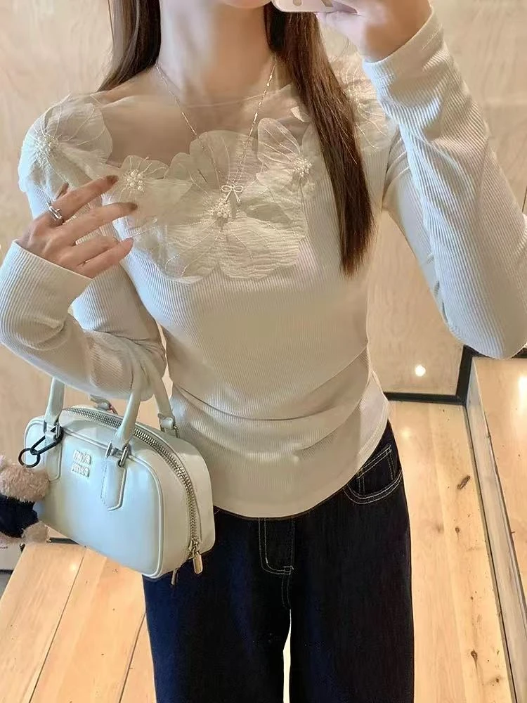 立体花朵蕾丝一字肩长袖针织衫女春秋洋气修身打底衫上衣