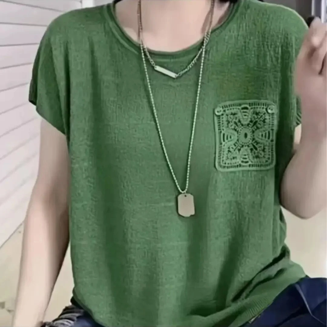 常规2025慵懒风夏季新款女士装盘花纽扣口袋短袖纯色宽松圆领洋气