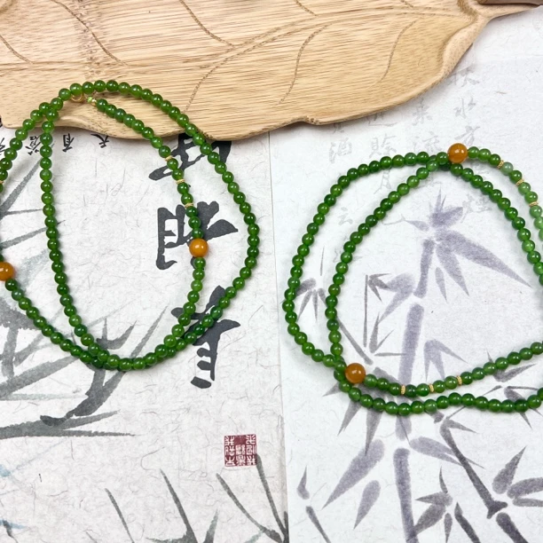 YWF287和田玉碧玉小米珠项链4mm+多样性发其一