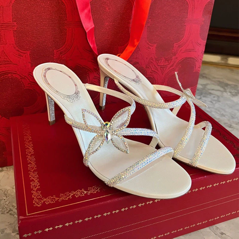 时尚百搭细跟仙女风露趾凉拖女蝴蝶结交叉带高跟鞋