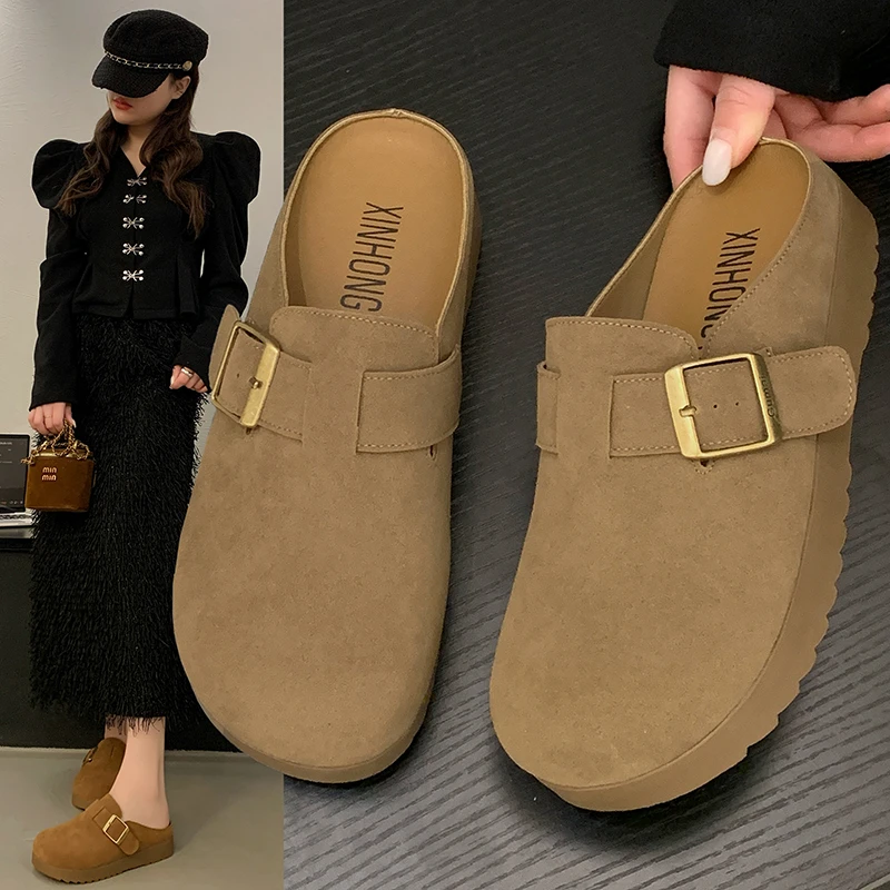 网红搭扣时尚百搭勃肯夏季复古半拖平底凉拖博肯鞋厚底内增高休闲