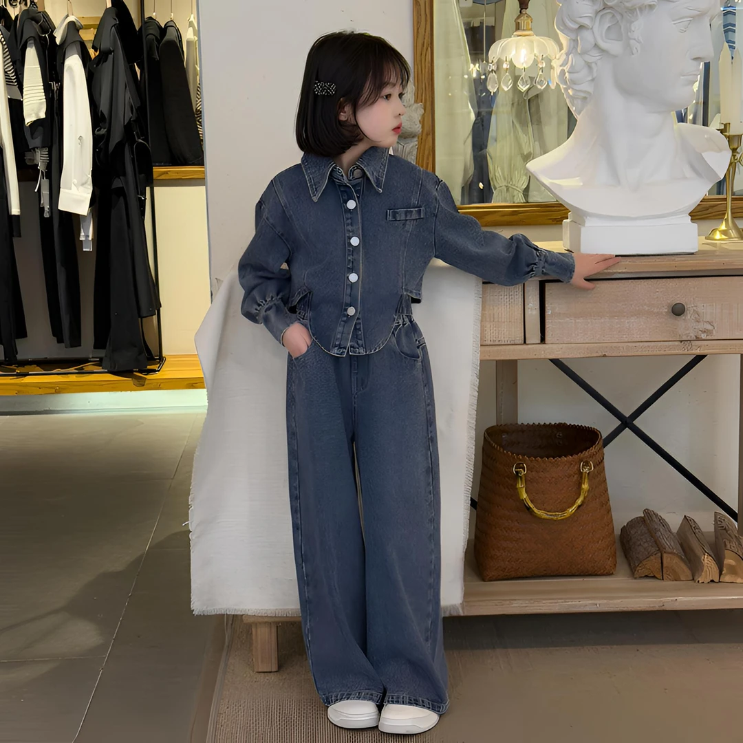 韩版气质显瘦港风牛仔套装女童2025春新款时尚休闲百搭上衣阔腿裤